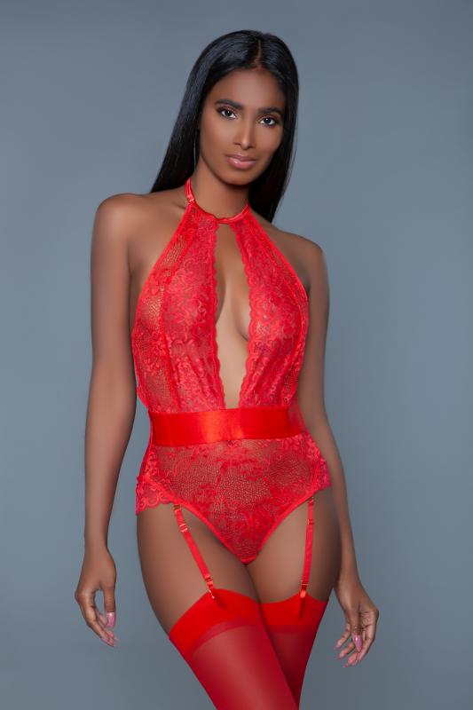 Ophelia Lace Garter Bodysuit - Red - UABDSM