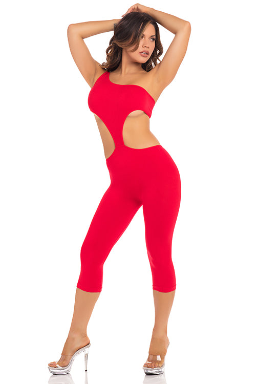 One Shoulder Cropped Catsuit Red S/m One Shoulder Cropped Catsuit Red S/m