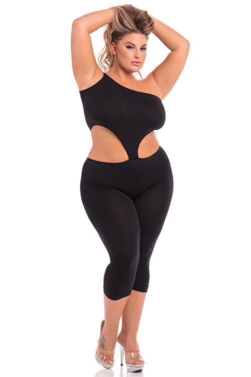 One Shoulder Cropped Catsuit Blk Xl/2xl One Shoulder Cropped Catsuit Blk Xl/2xl
