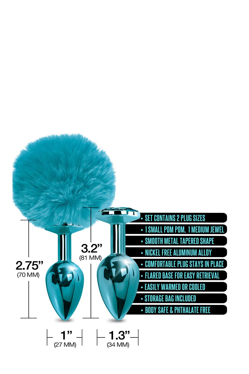 Nixie Metal Butt Plug Set Pom Pom And Jewel Inlaid Blue Metallic