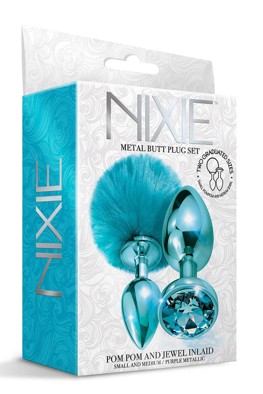 Nixie Metal Butt Plug Set Pom Pom And Jewel Inlaid Blue Metallic