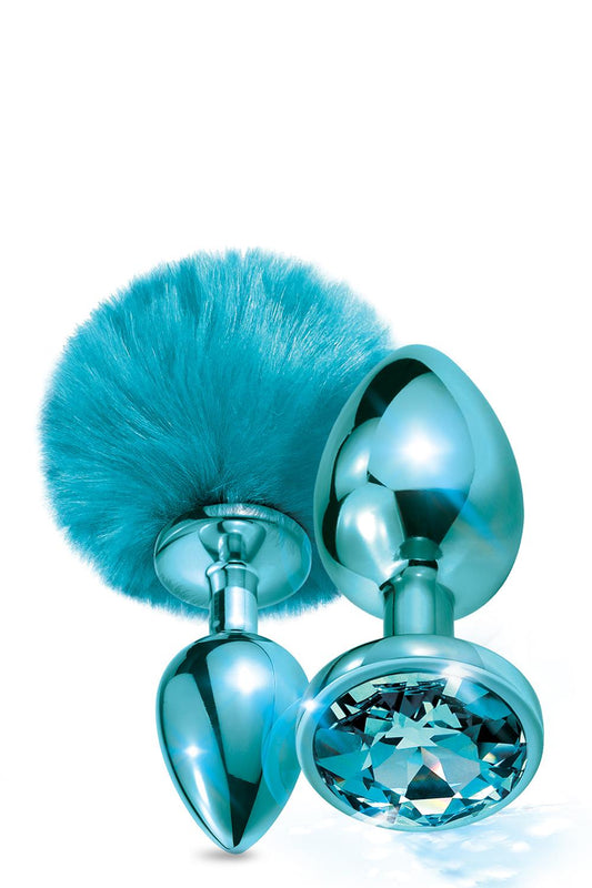 Nixie Metal Butt Plug Set Pom Pom And Jewel Inlaid Blue Metallic Nixie Metal Butt Plug Set Pom Pom And Jewel Inlaid Blue Metallic