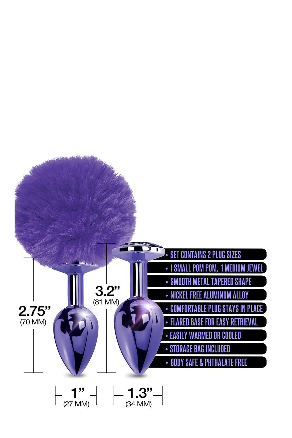 Nixie Metal Butt Plug Set Pom Pom And Jewel Inlaid Purple Metallic