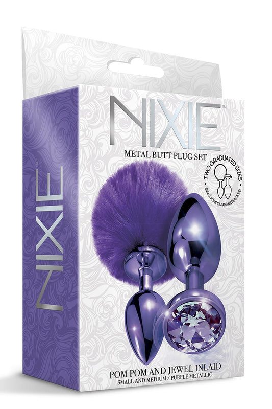 Nixie Metal Butt Plug Set Pom Pom And Jewel Inlaid Purple Metallic