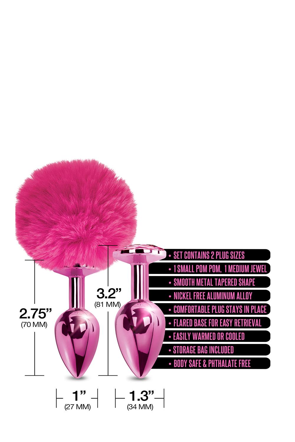 Nixie Metal Butt Plug Set Pom Pom And Jewel Inlaid Pink Metallic