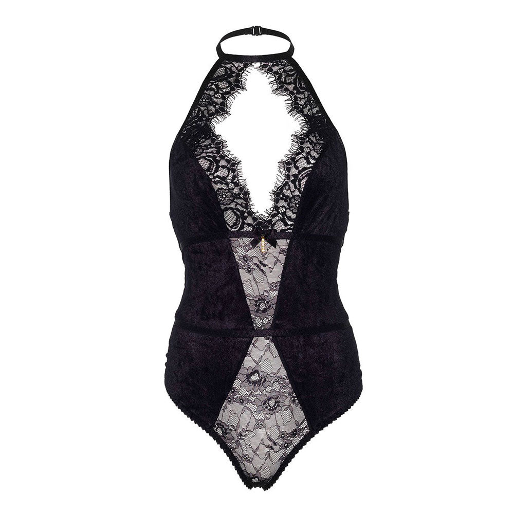 Leg Avenue Black Halter Neck Stretch Velvet Teddy - UABDSM