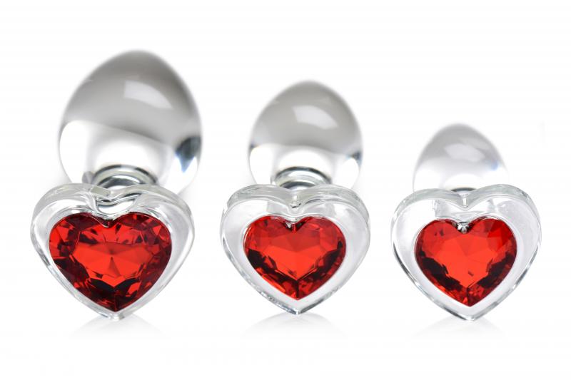 Red Heart Gem Glass Anal Plug Set - UABDSM