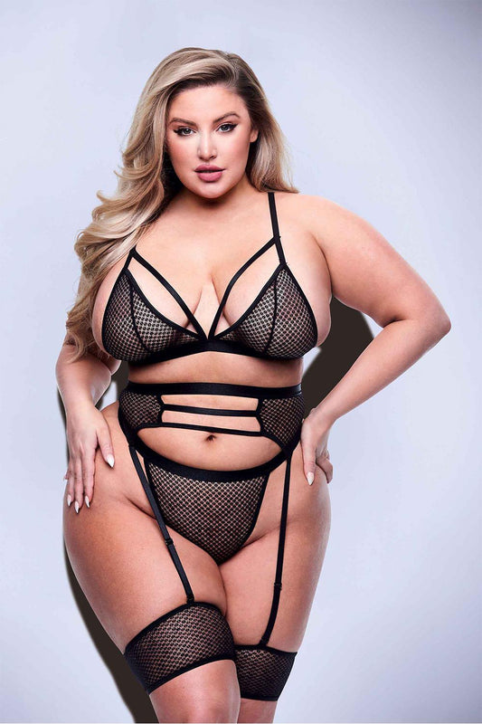 3pc Strappy Bra Garter & Panty Set Black Queen