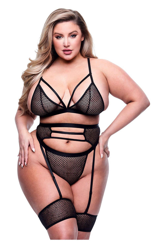 3pc Strappy Bra Garter & Panty Set Black Queen 3pc Strappy Bra Garter & Panty Set Black Queen