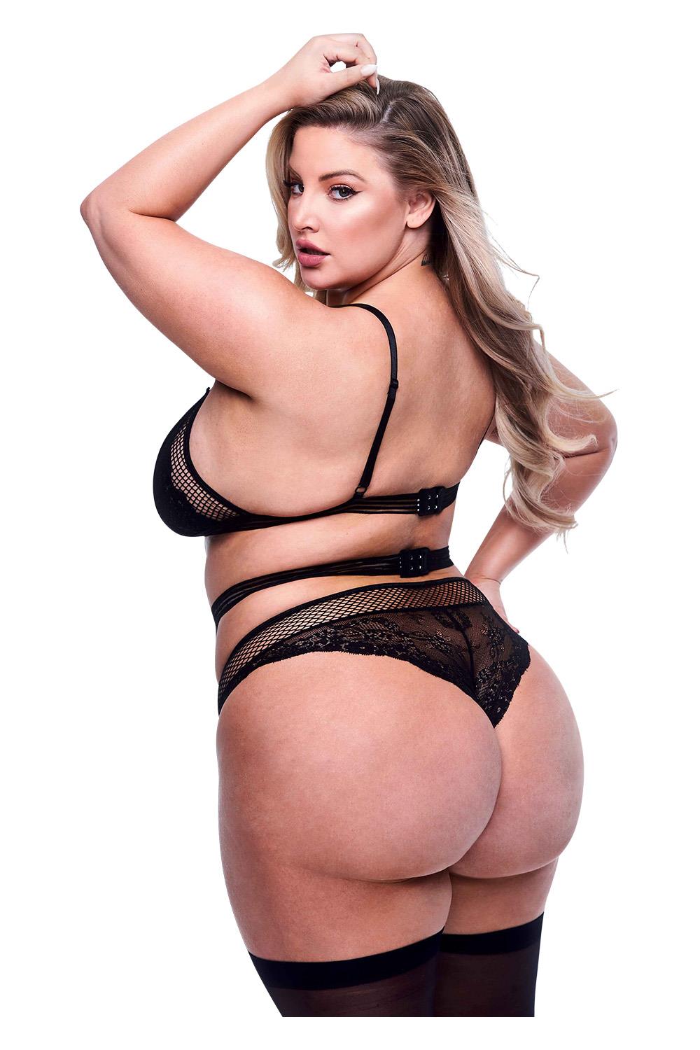 3pc Lace & Mesh Bra Garter & Panty Set Black Queen