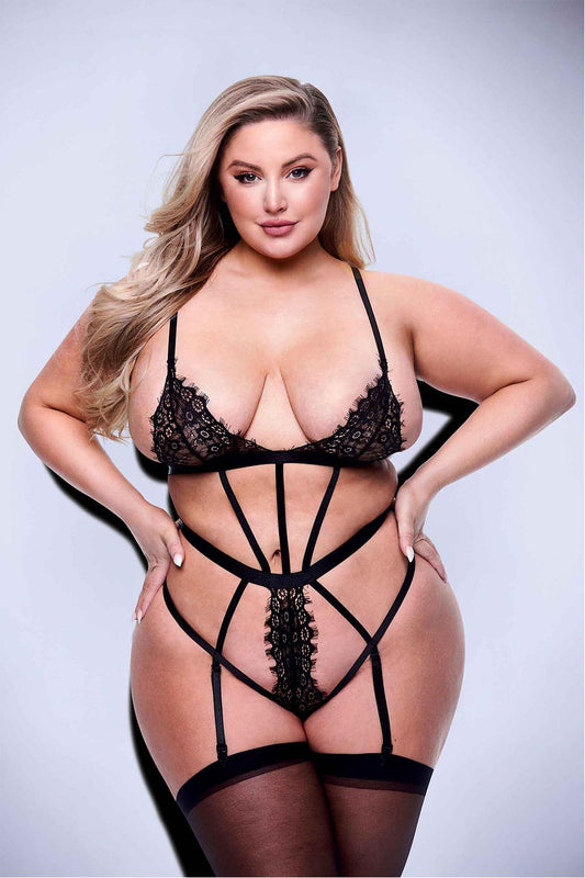 Sexy Strappy Lace Teddy With Garters Black Queen