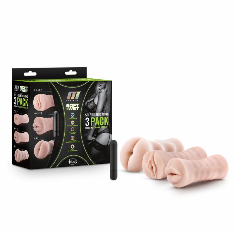 M For Men - 3-Pack Self-Lubricating Vibrating Stroker Sleeve Kit - UABDSM