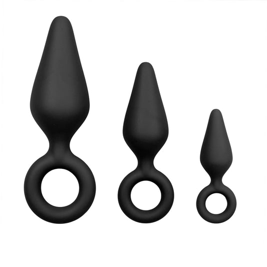 Black Buttplugs With Pull Ring - Set Black Buttplugs With Pull Ring - Set - UABDSM