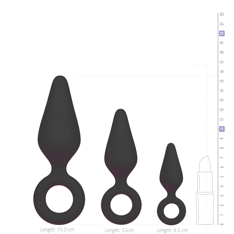 Black Buttplugs With Pull Ring - Set - UABDSM