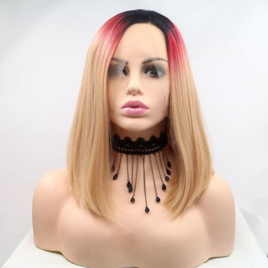 Wig ZADIRA Square Blond Short Straight Wig With Black Red Ombre Wig ZADIRA Square Blond Short Straight Wig With Black Red Ombre - UABDSM