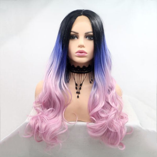 Wig ZADIRA Blue Pink Gradient Womens Long Wig With Ombre Curls - UABDSM