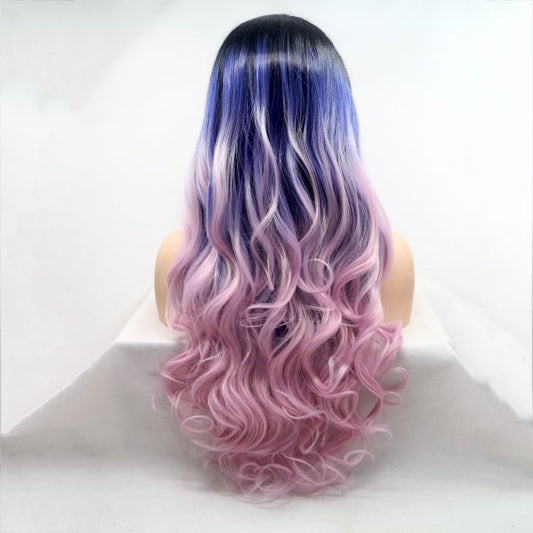 Wig ZADIRA Blue Pink Gradient Womens Long Wig With Ombre Curls - UABDSM