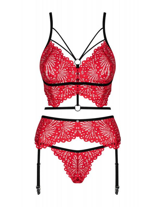 Mettia 3 Piece Lace Suspender Set - Black/Red Mettia 3 Piece Lace Suspender Set - Black/Red - UABDSM