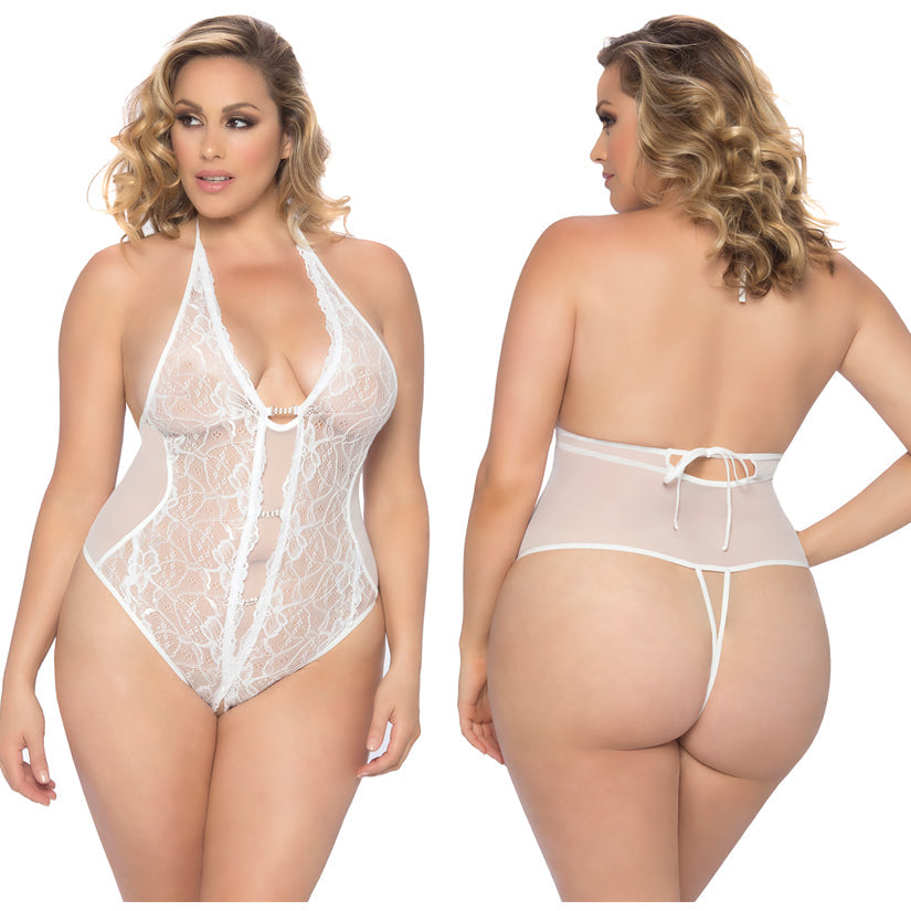 Crotchless Lace Teddy With Rhinestone Detail-White Queen - UABDSM