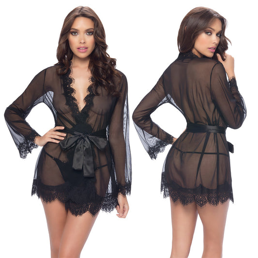 Provence Eyelash Lace Robe With G-String-Black S/M Provence Eyelash Lace Robe With G-String-Black S/M - UABDSM