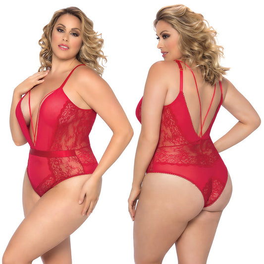 Viviane V-Plunge Lace Teddy With Strap Detail-Red 1X Viviane V-Plunge Lace Teddy With Strap Detail-Red 1X - UABDSM