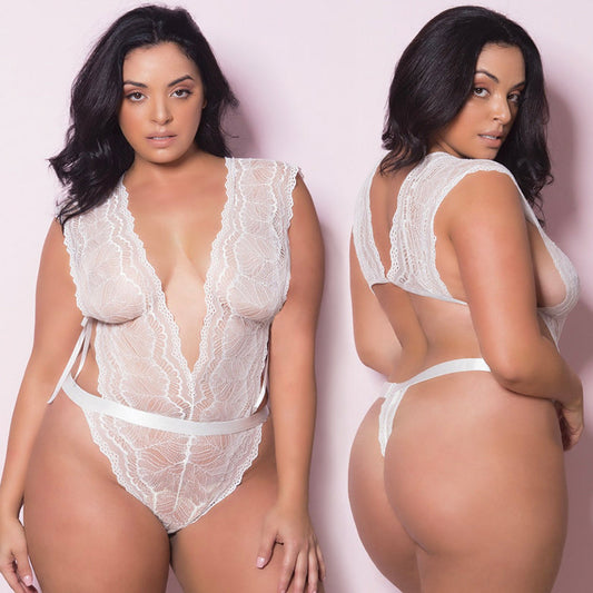 Soft Lace Teddy With Side Ties And Thong Back-White Queen Soft Lace Teddy With Side Ties And Thong Back-White Queen - UABDSM