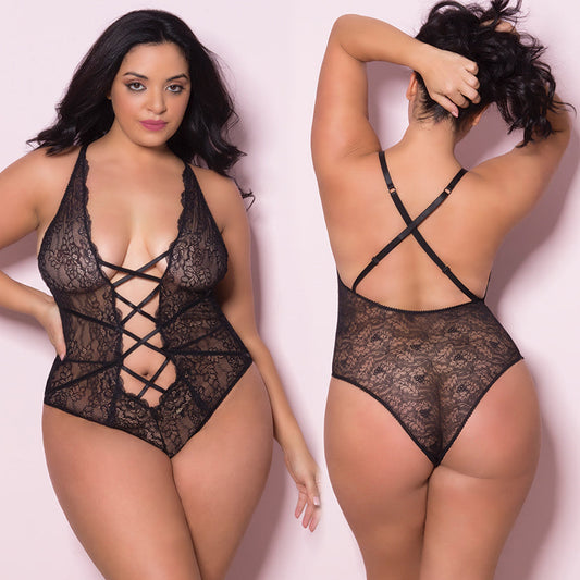 Soft Lace Teddy With Front Lace Up Detail-Black Queen Soft Lace Teddy With Front Lace Up Detail-Black Queen - UABDSM