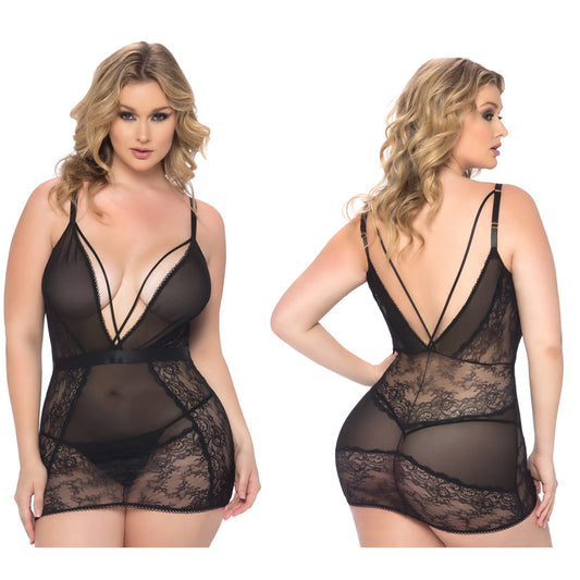 Viviane V-Plunge Lace Babydoll With G-String-Black Large Viviane V-Plunge Lace Babydoll With G-String-Black Large - UABDSM