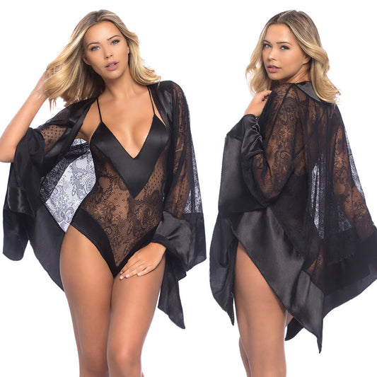 All Over Lace Handkerchief Robe With Wide Satin Edges - Black - One Size All Over Lace Handkerchief Robe With Wide Satin Edges - Black - One Size - UABDSM