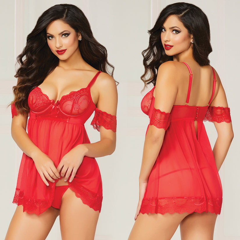 Luminary Floral Lace Baby Doll Set-Red X-Large - UABDSM