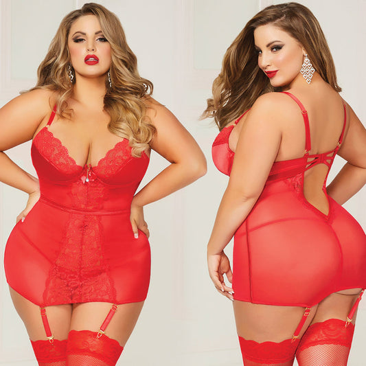 Crimson Crush Chemise Stretch Lace Satin-Red 1X/2X Crimson Crush Chemise Stretch Lace Satin-Red 1X/2X - UABDSM