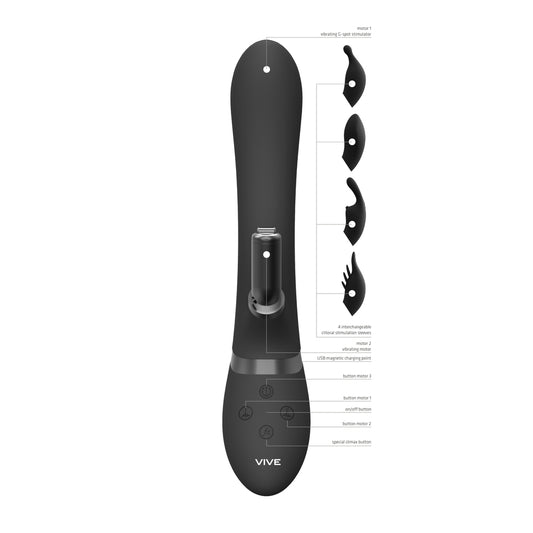 Vive Chou Double Action Interchangeable Rabbit Vibrator Black - UABDSM