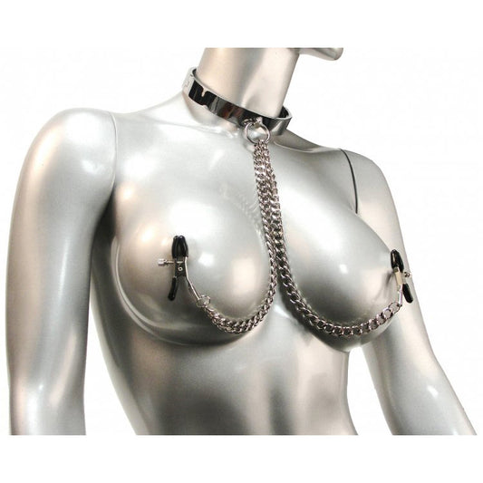 Chrome Slave Collar with Nipple Clamps - SmallMedium Chrome Slave Collar with Nipple Clamps - SmallMedium - UABDSM