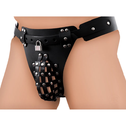 The Safety Net Leather Male Chastity Belt with Anal Plug Harness - UABDSM