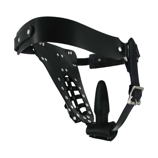The Safety Net Leather Male Chastity Belt with Anal Plug Harness The Safety Net Leather Male Chastity Belt with Anal Plug Harness - UABDSM