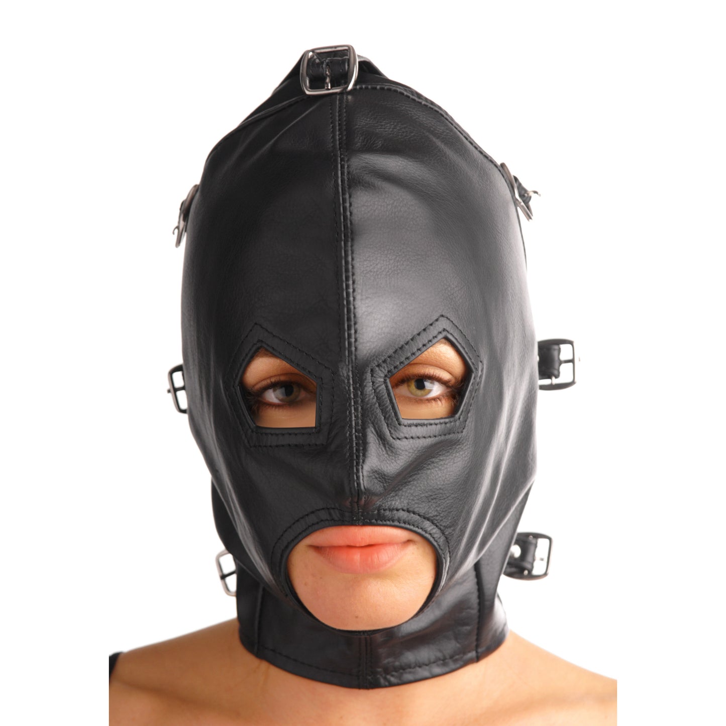 Asylum Leather Hood with Removable Blindfold and Muzzle- ML - UABDSM