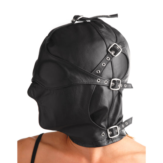 Asylum Leather Hood with Removable Blindfold and Muzzle- ML - UABDSM