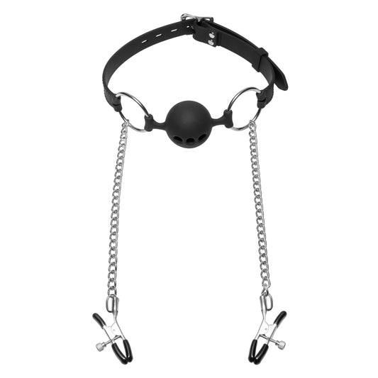 Hinder Breathable Silicone Ball Gag with Nipple Clamps - UABDSM