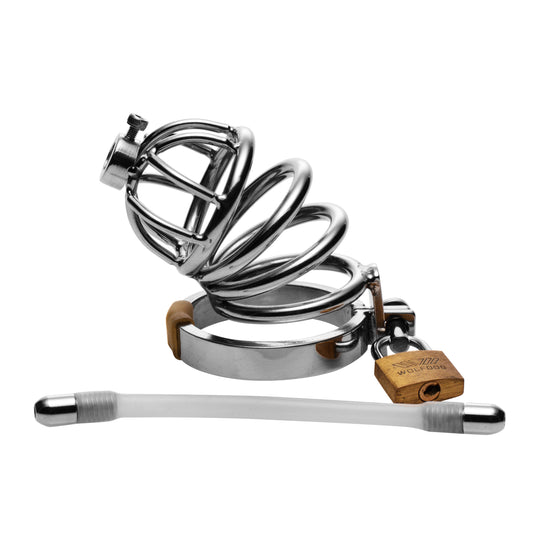 Stainless Steel Chastity Cage with Silicone Urethral Plug - UABDSM