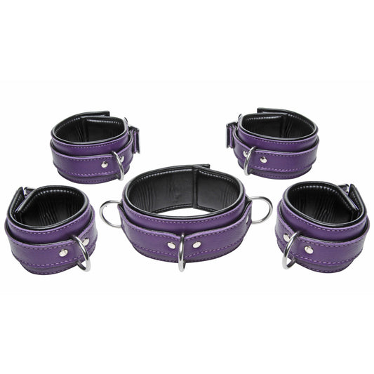 Purple 5 Piece Locking Leather Bondage Set - UABDSM