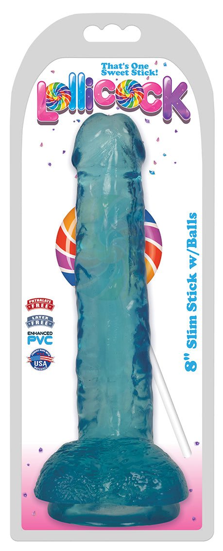 8 Inch Slim Stick with Balls Berry Ice Dildo - UABDSM