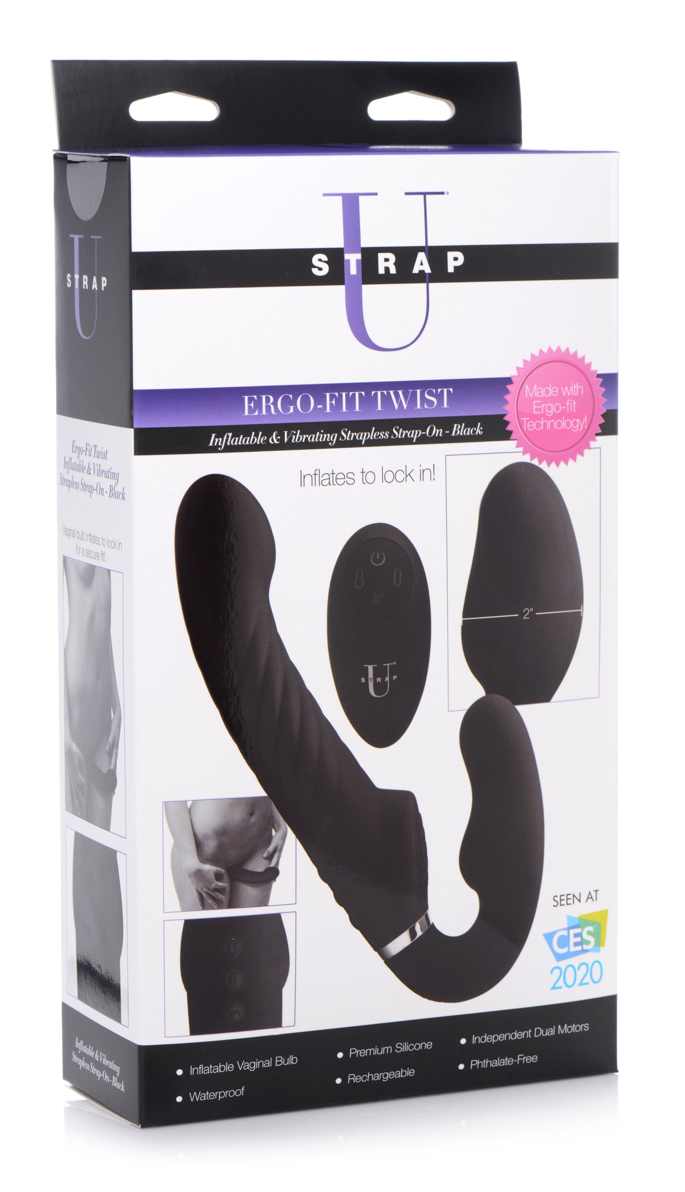 Ergo-Fit Twist Inflatable Vibrating Silicone Strapless Strap-on - Black - UABDSM