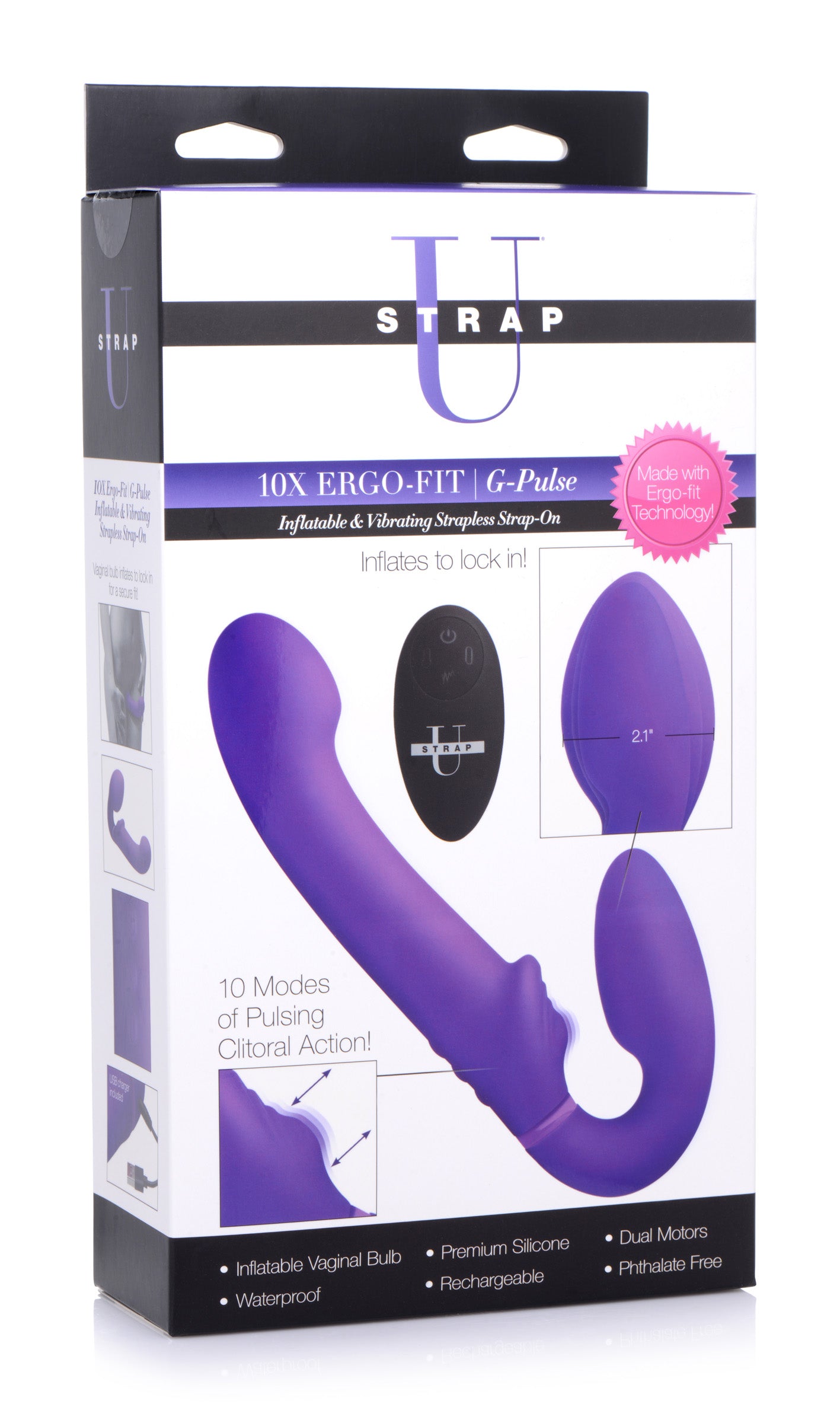 10X Remote Control Ergo-Fit G-Pulse Inflatable and Vibrating Strapless Strap-on - Purple - UABDSM