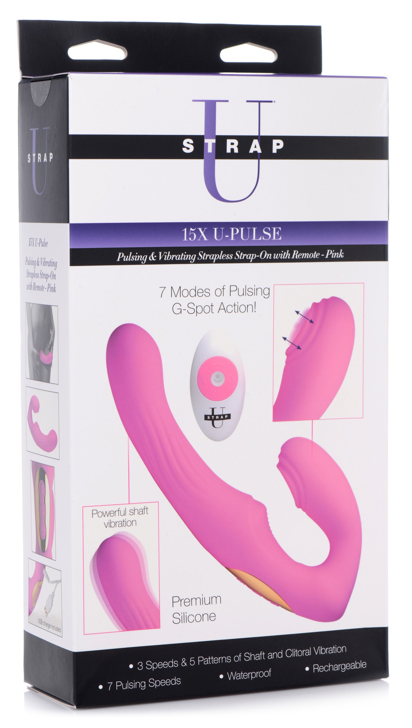 15X U-Pulse Silicone Pulsating and Vibrating Strapless Strap-on with Remote - Pink - UABDSM
