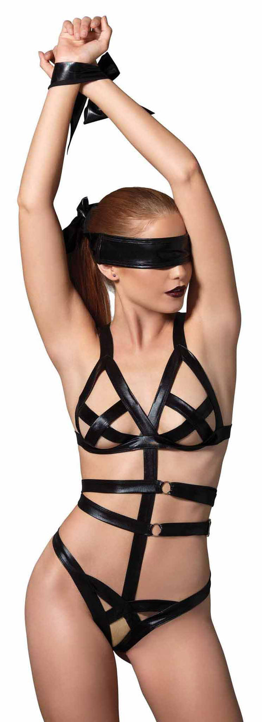 3 Piece Wet Look Bondage G-String Teddy with Restraints 3 Piece Wet Look Bondage G-String Teddy with Restraints - UABDSM