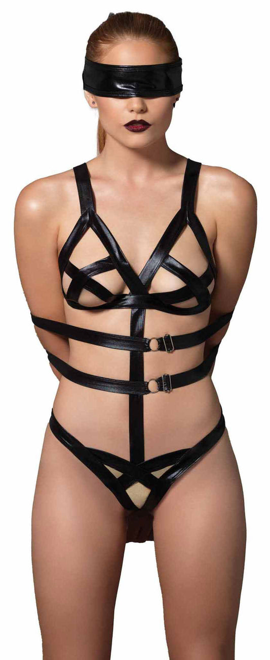 3 Piece Wet Look Bondage G-String Teddy with Restraints - UABDSM