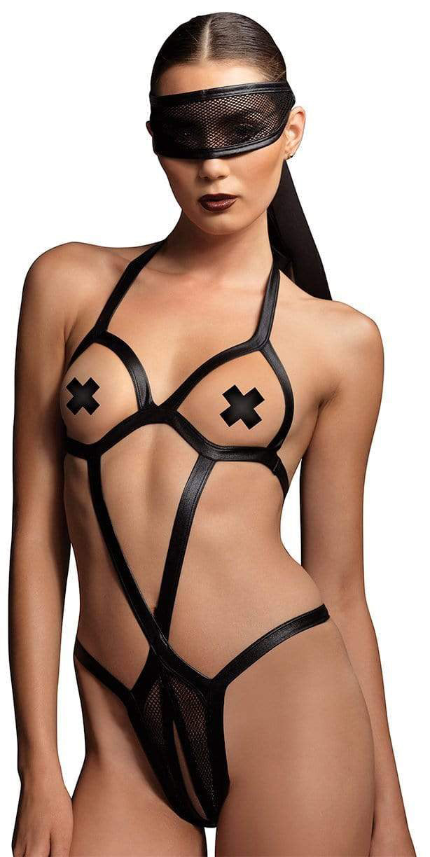 2 Piece Wet Look Bondage Crotchless Teddy and Eye Mask - UABDSM