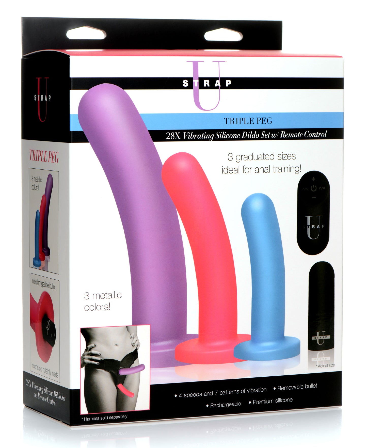 Triple Peg 28X Vibrating Silicone Dildo Set with Remote Control - UABDSM