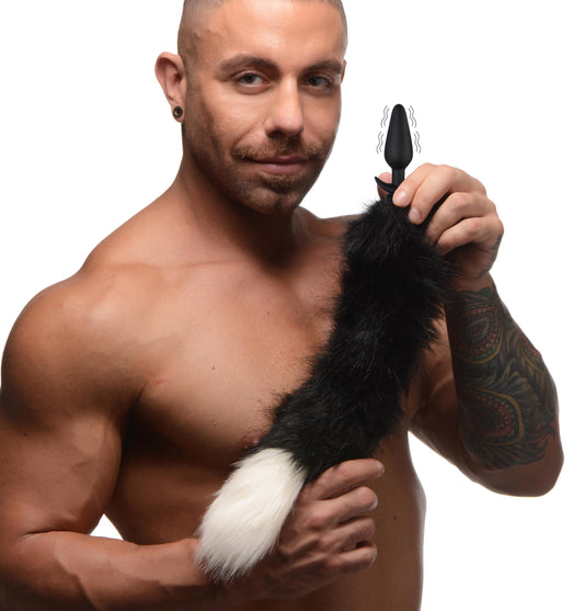 Small Vibrating Anal Plug with Interchangeable Fox Tail - Black and White - UABDSM