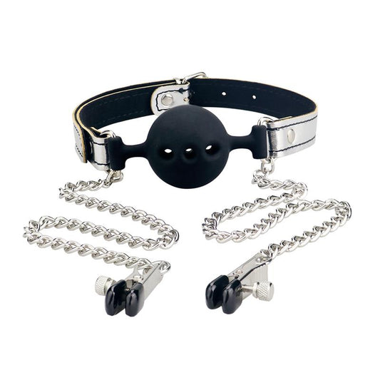 Ball Gag with Nipple Clamp Silver Ball Gag with Nipple Clamp Silver - UABDSM